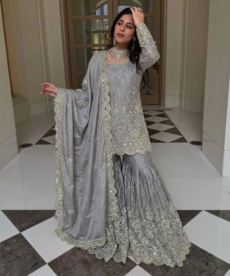 Grey silk blend embroidered sharara set