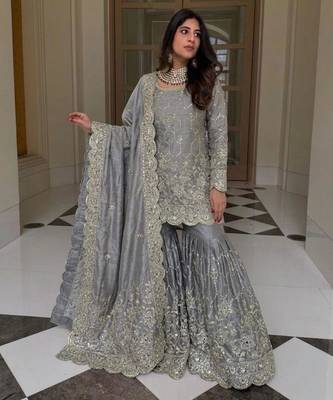 Grey silk blend embroidered sharara set 2