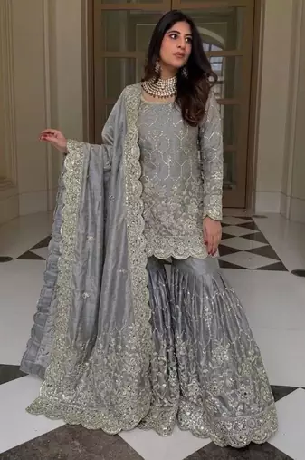 Grey silk blend embroidered sharara set