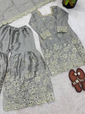 Grey silk blend embroidered sharara set 3