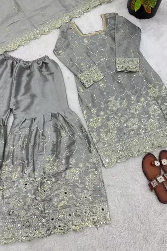 Grey silk blend embroidered sharara set