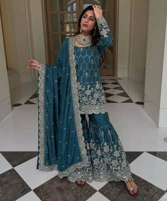 Teal silk blend embroidered sharara set 1