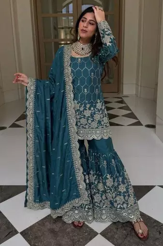 Teal silk blend embroidered sharara set