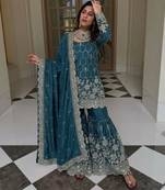 Teal silk blend embroidered sharara set
