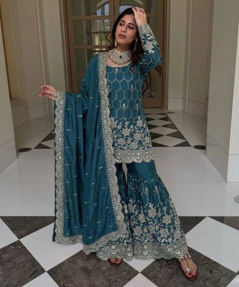 Teal silk blend embroidered sharara set