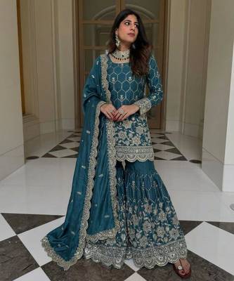 Teal silk blend embroidered sharara set 2
