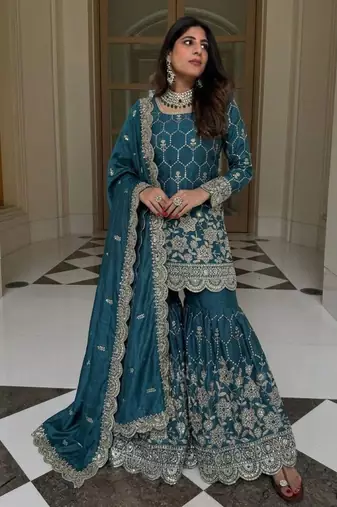 Teal silk blend embroidered sharara set