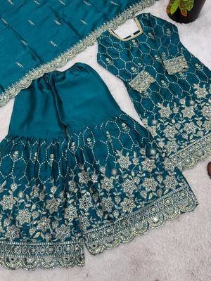 Teal silk blend embroidered sharara set 3