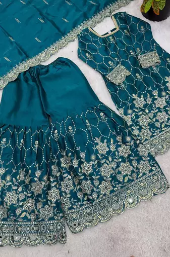 Teal silk blend embroidered sharara set