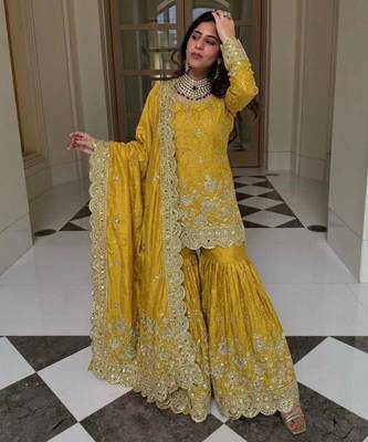 Yellow silk blend embroidered sharara set 1