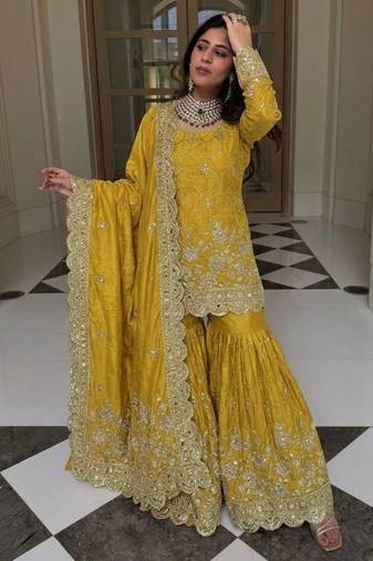 Yellow silk blend embroidered sharara set