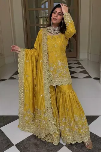 Yellow silk blend embroidered sharara set