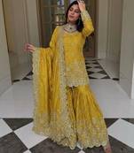Yellow silk blend embroidered sharara set
