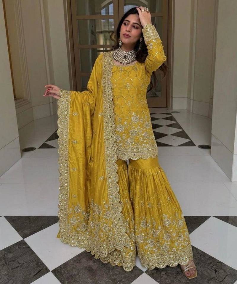Yellow silk blend embroidered sharara set