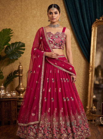 Pink Elegant Faux Georgette Embroidered Lehenga Choli Set with Dupatta Thread, Sequin & Coding Dori Work