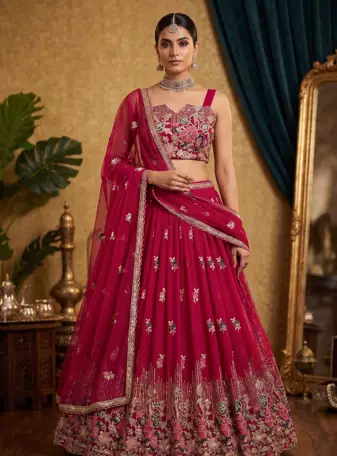 Pink Elegant Faux Georgette Embroidered Lehenga Choli Set with Dupatta Thread, Sequin & Coding Dori Work