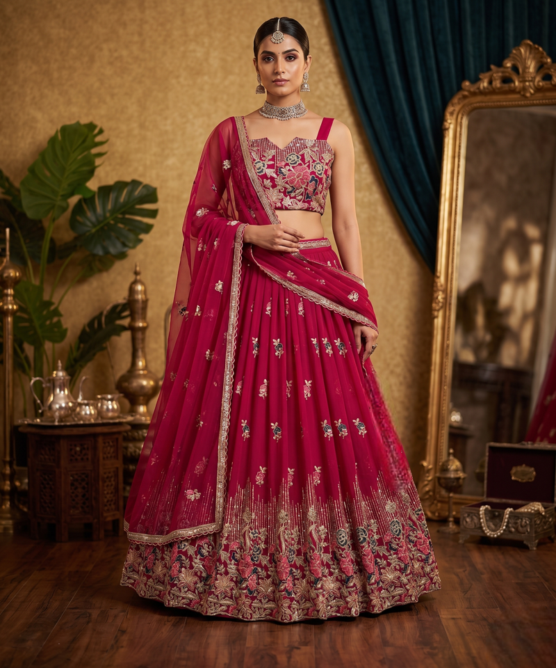 Pink Elegant Faux Georgette Embroidered Lehenga Choli Set with Dupatta Thread, Sequin & Coding Dori Work