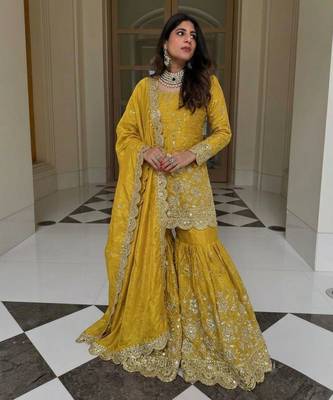 Yellow silk blend embroidered sharara set 2
