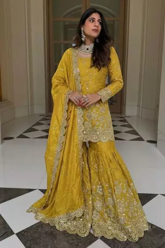 Yellow silk blend embroidered sharara set