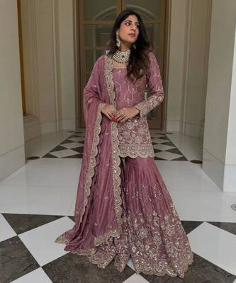 Pink silk blend embroidered sharara set 1