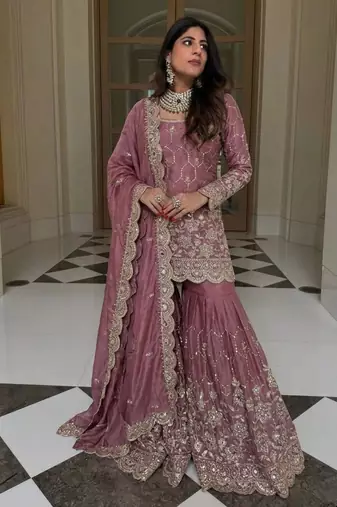 Pink silk blend embroidered sharara set