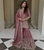 Pink silk blend embroidered sharara set