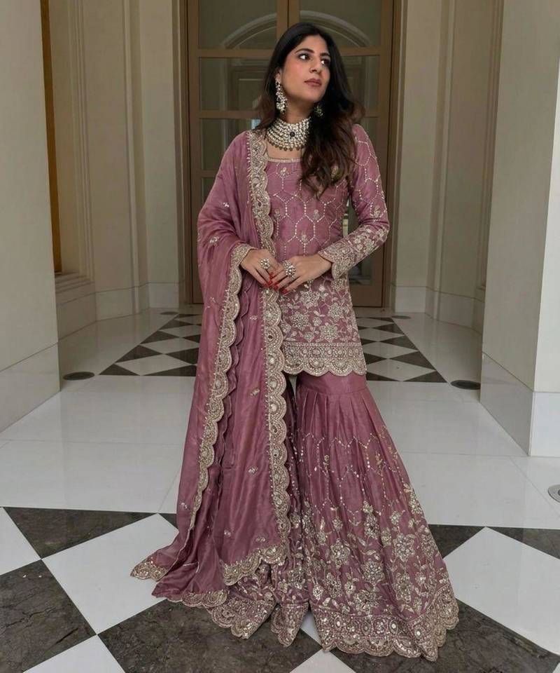 Pink silk blend embroidered sharara set