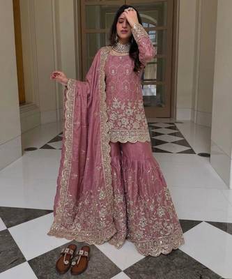 Pink silk blend embroidered sharara set 2