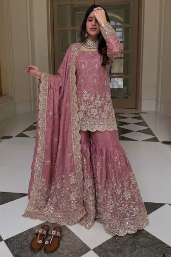 Pink silk blend embroidered sharara set