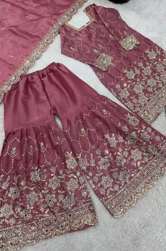 Pink silk blend embroidered sharara set