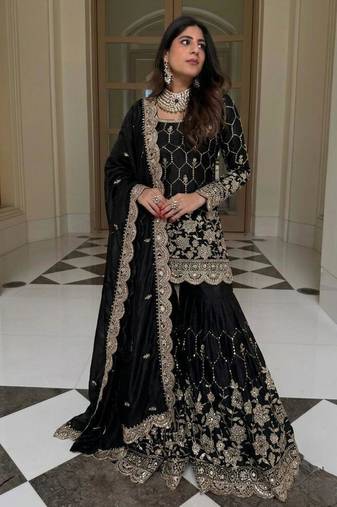 Black silk blend embroidered sharara set