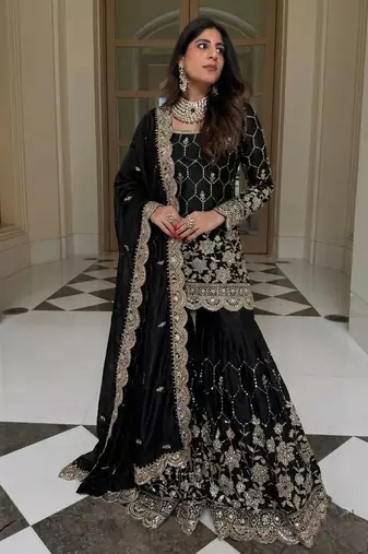 Black silk blend embroidered sharara set