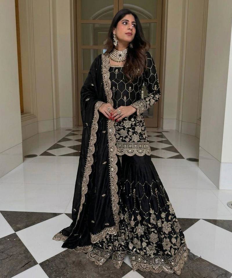Black silk blend embroidered sharara set