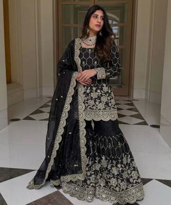 Black silk blend embroidered sharara set 2