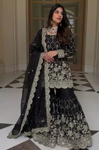 Black silk blend embroidered sharara set