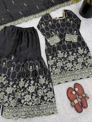 Black silk blend embroidered sharara set 3