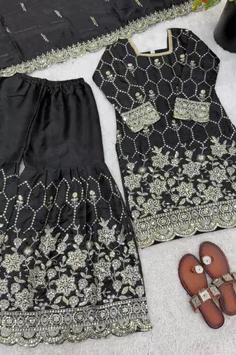 Black silk blend embroidered sharara set