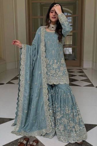 Blue silk blend embroidered sharara set
