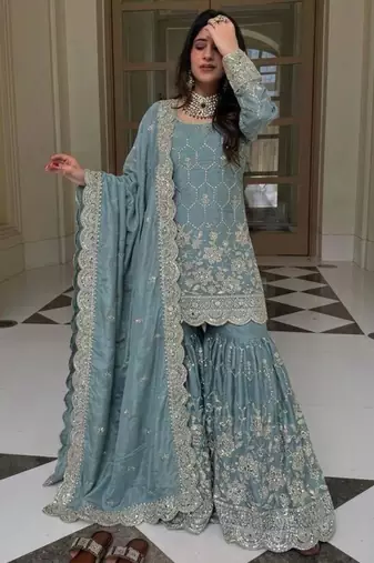 Blue silk blend embroidered sharara set