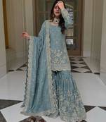 Blue silk blend embroidered sharara set
