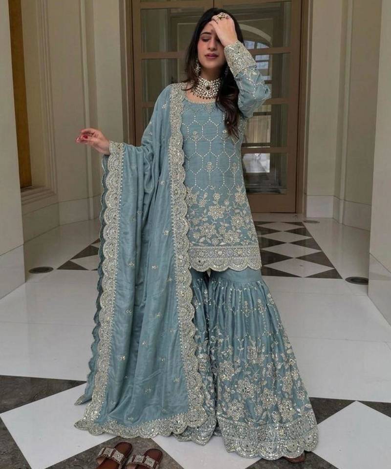 Blue silk blend embroidered sharara set
