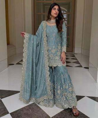 Blue silk blend embroidered sharara set 2