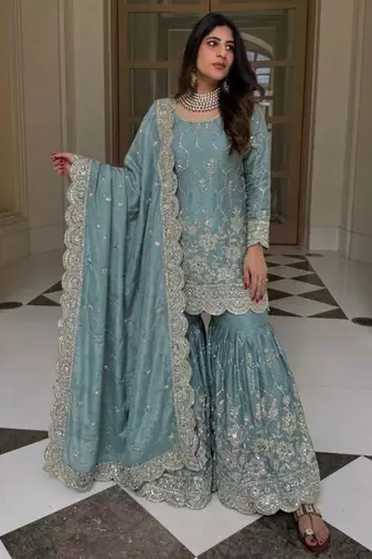Blue silk blend embroidered sharara set