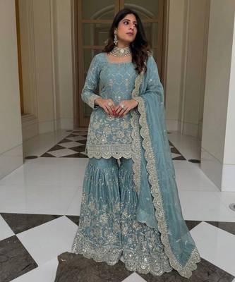 Blue silk blend embroidered sharara set 3