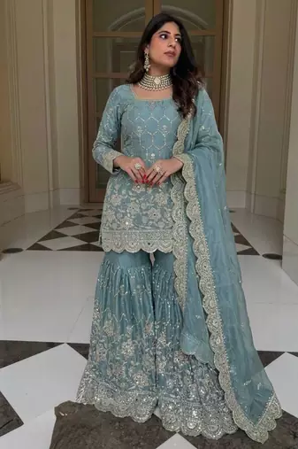 Blue silk blend embroidered sharara set