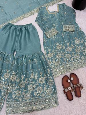 Blue silk blend embroidered sharara set 4