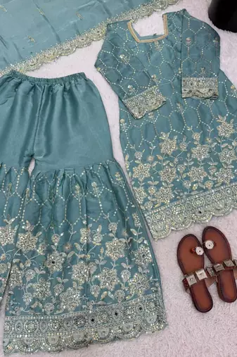 Blue silk blend embroidered sharara set