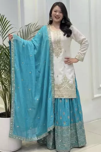 White silk blend embroidered palazzo set