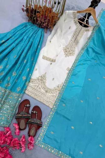 White silk blend embroidered palazzo set