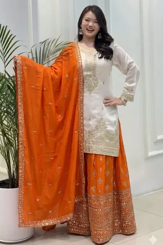 White silk blend embroidered palazzo set
